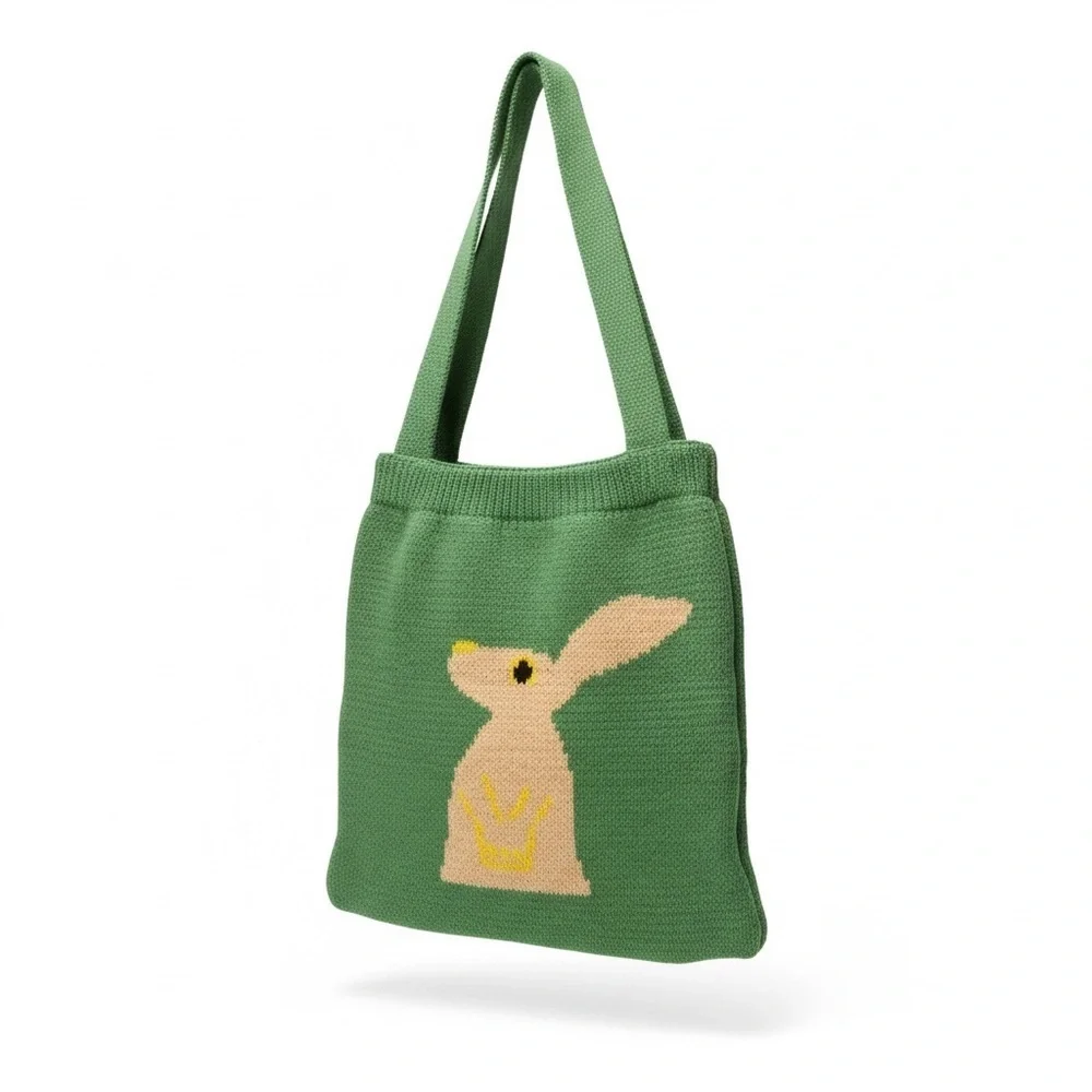 Green Knit Tote Bag with Rabbit Design
